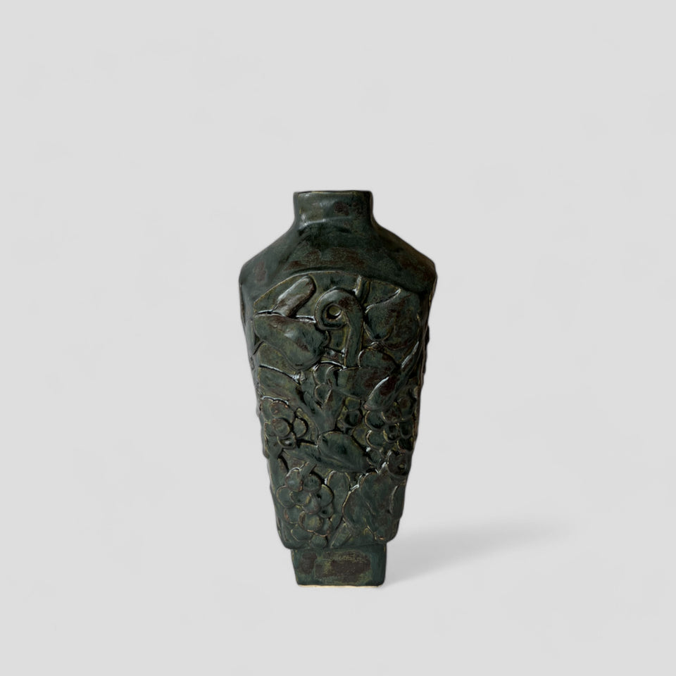 Facetted bas relief Vase Dark Green